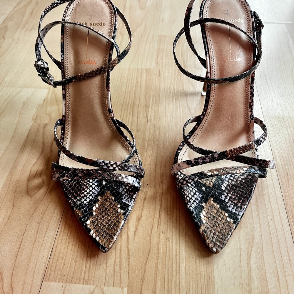 Black Suede Studio Snakeskin Strappy Heels